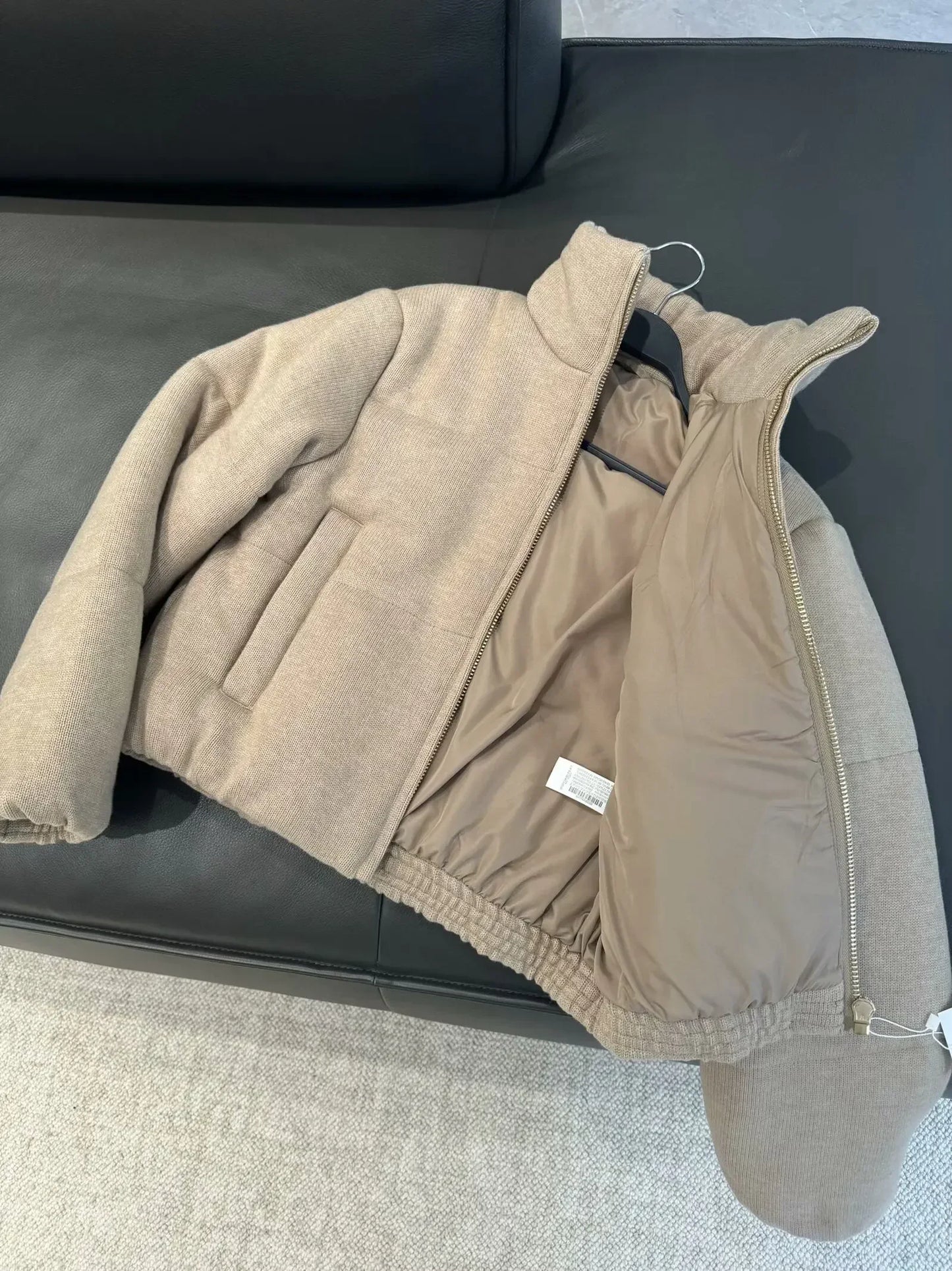 Women's winter fashion short Side pocket warm stand collar knitted cotton Coat retro long sleeved zipper women's Coat chic top