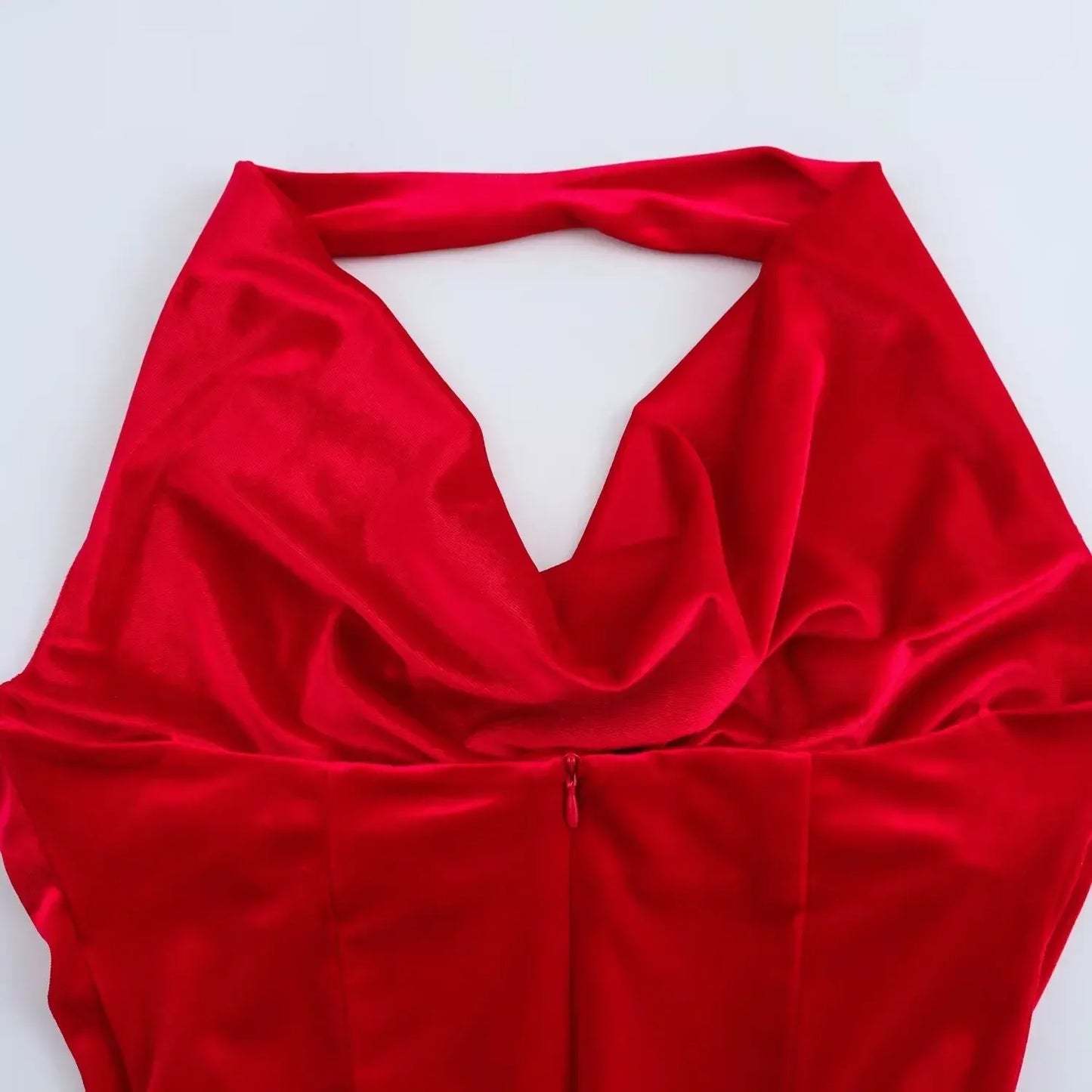 Women's new fashion pleated decoration sexy slim velvet hanging neck Midi dress retro backless zipper women's dress Mujer