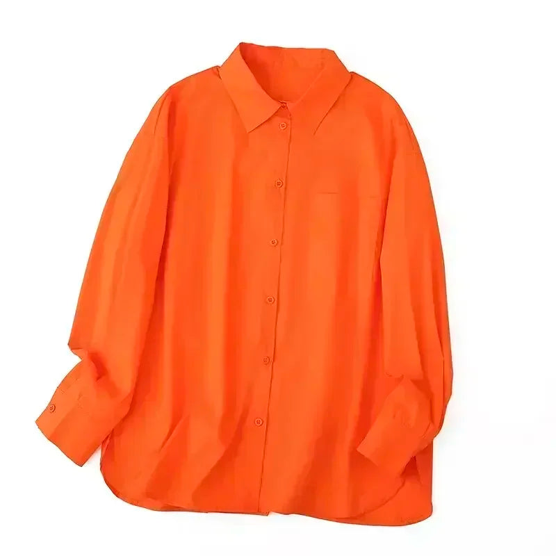 Women's 2024 New Fashion Casual silhouette Loose solid color casual shirt Retro long sleeved button up women's shirt 
