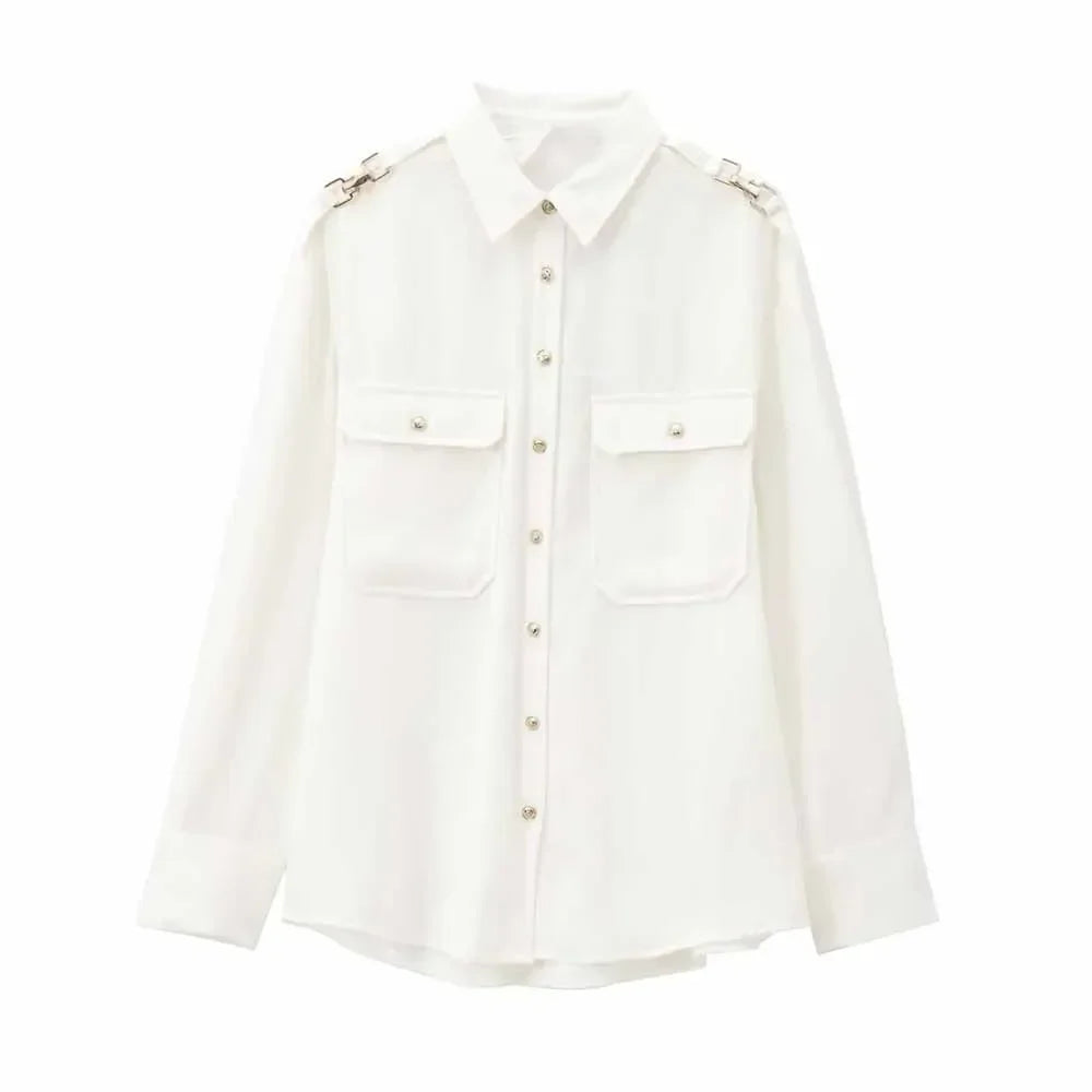 Women's new fashion shoulder chain decoration loose Single breasted crepe shirt retro long sleeved Pocket women's shirt chic top