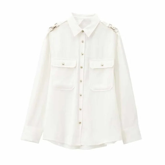 Women's new fashion shoulder chain decoration loose Single breasted crepe shirt retro long sleeved Pocket women's shirt chic top