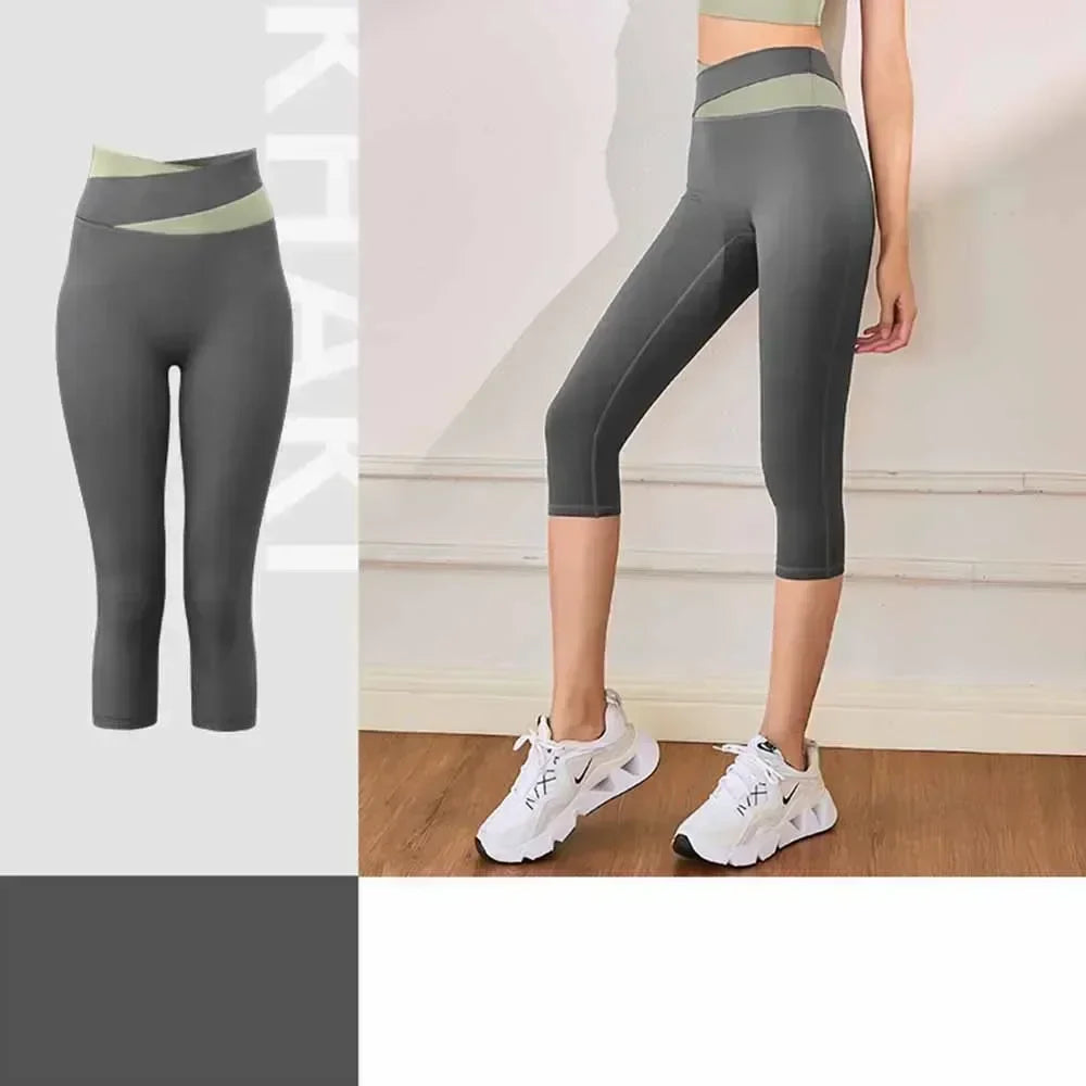 Women's High Elastic Nude Seven-point Yoga Pants Peach Color Matching High Waist Hip Lifting Exercise Pants 