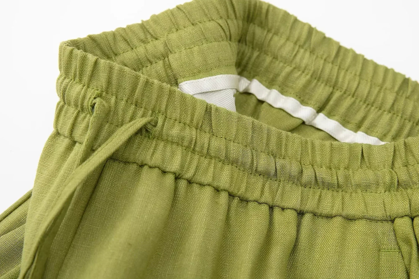 Women's New Chic Fashion Loose Side Pocket Linen Blended Wide Leg Pants Retro Elastic Waist Drawstring Women's Pants Mujer 