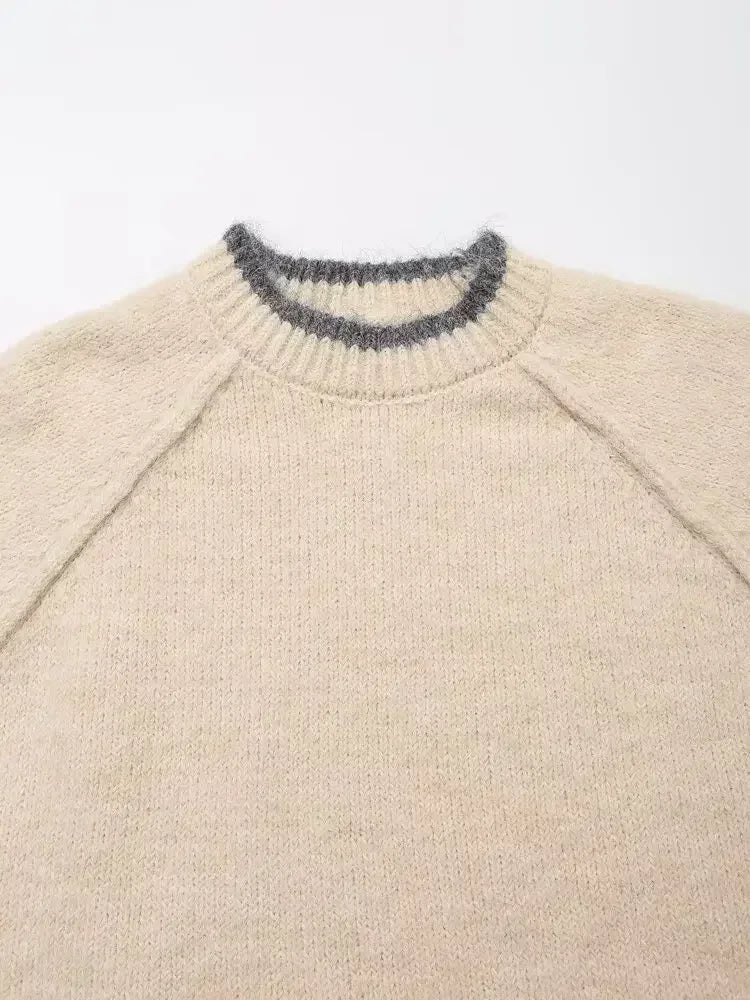 Women's 2024 new fashion multi-color casual contrasting O Neck knitted sweater retro long sleeved women's pullover chic top 