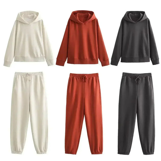 Women Autumn New Fashion Solid Hooded Knitted Sweatshirts Vintage Long Sleeve Female Pullovers Chic Tops + Pants Women's suit 