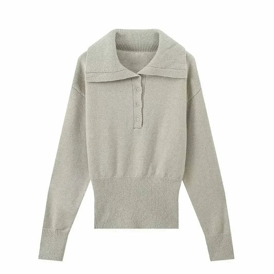 Women's new fashion short stretch slim polo shirt collar knitted sweater retro long sleeved button up women's pullover chic top