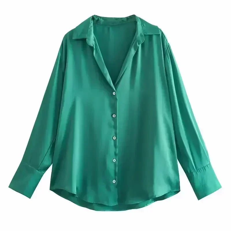 Women 2023 spring New Fashion Multicolor Silk satin texture hang down Blouses Long Sleeve Button-up Female Shirts Tops 
