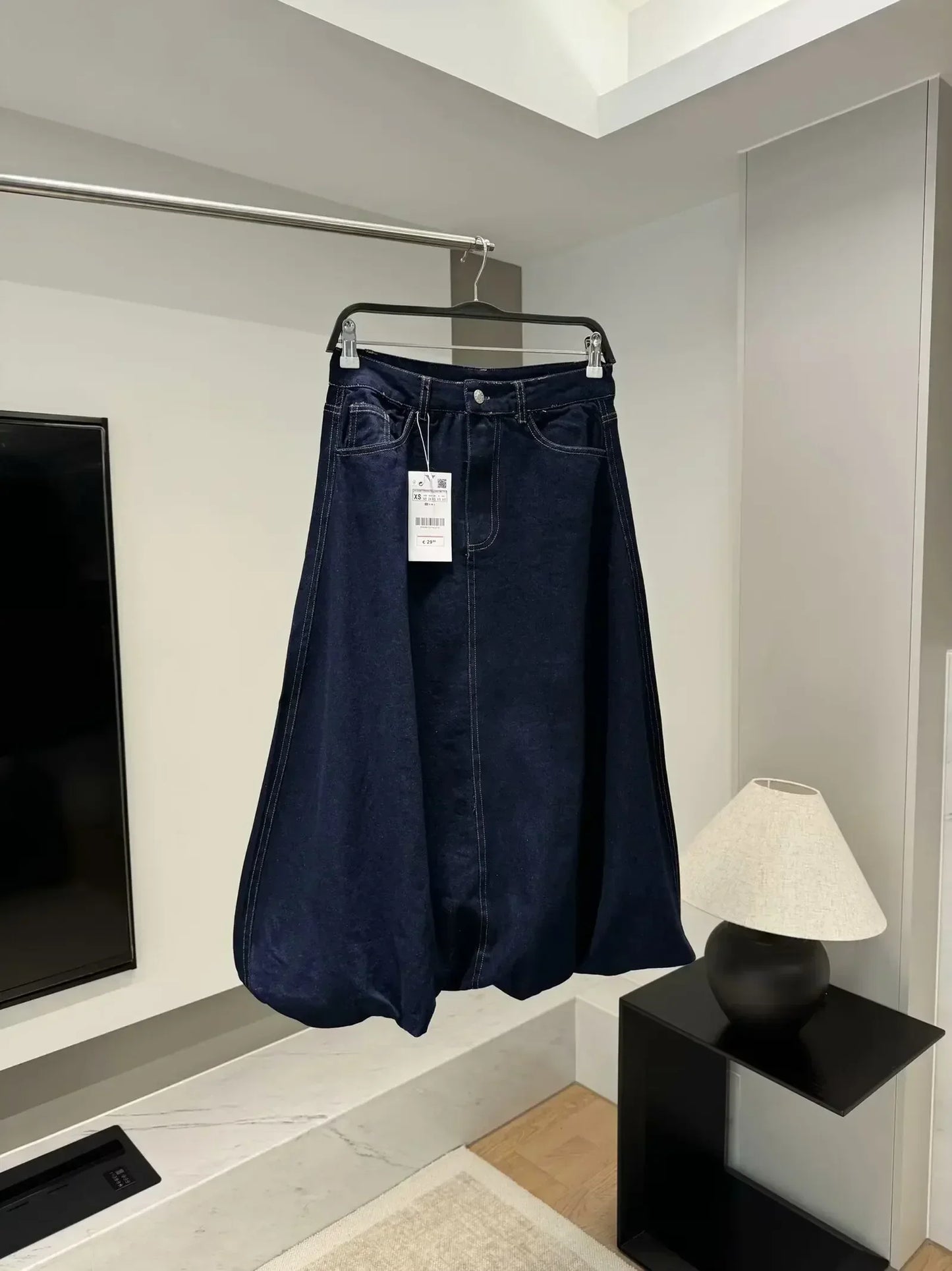 Women's new fashion balloon version casual side pocket versatile denim Midi skirt retro high waisted zipper women's skirt Mujer 