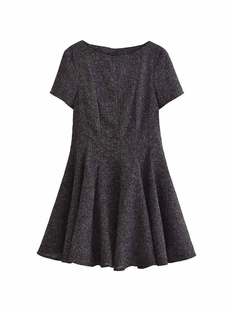 Women's new fashion slim versatile boat neck wide pleated MIDI dress retro short sleeved back zipper women's dress Mujer