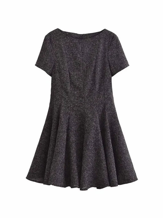 Women's new fashion slim versatile boat neck wide pleated MIDI dress retro short sleeved back zipper women's dress Mujer