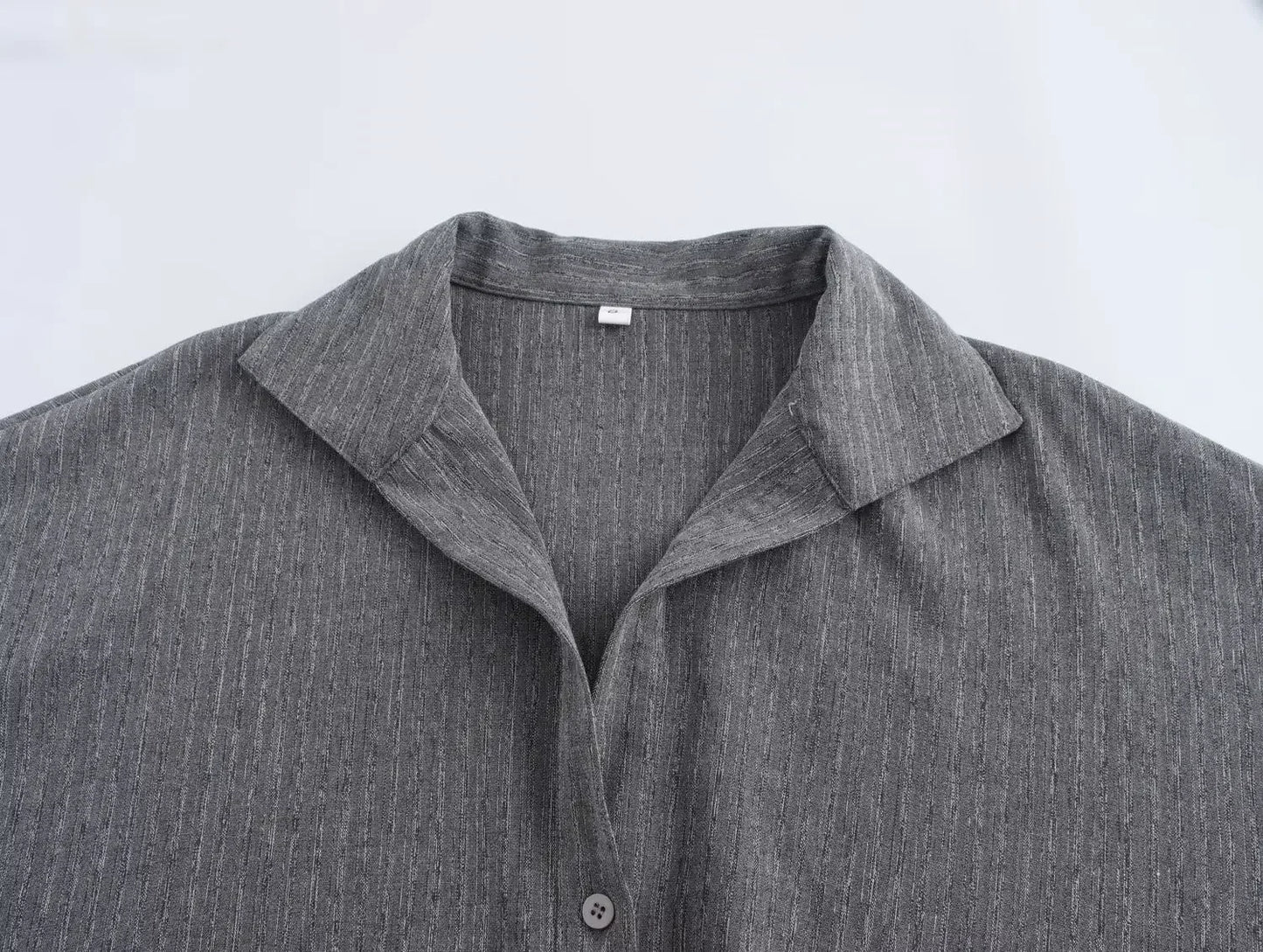 Women's new fashion button up decoration loose striped casual polo shirt collar shirt retro long sleeved women's shirt