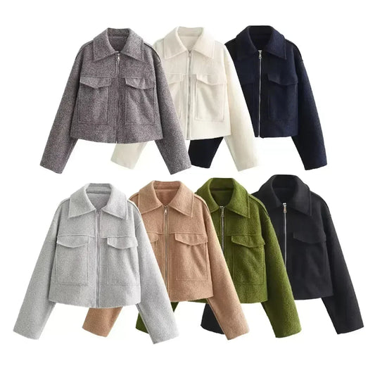 Women's 2024 New Fashion Flip Pocket Decoration Short Casual Woolen Jacket Coat Vintage Long Sleeve Zipper Women's Coat Chic Top 