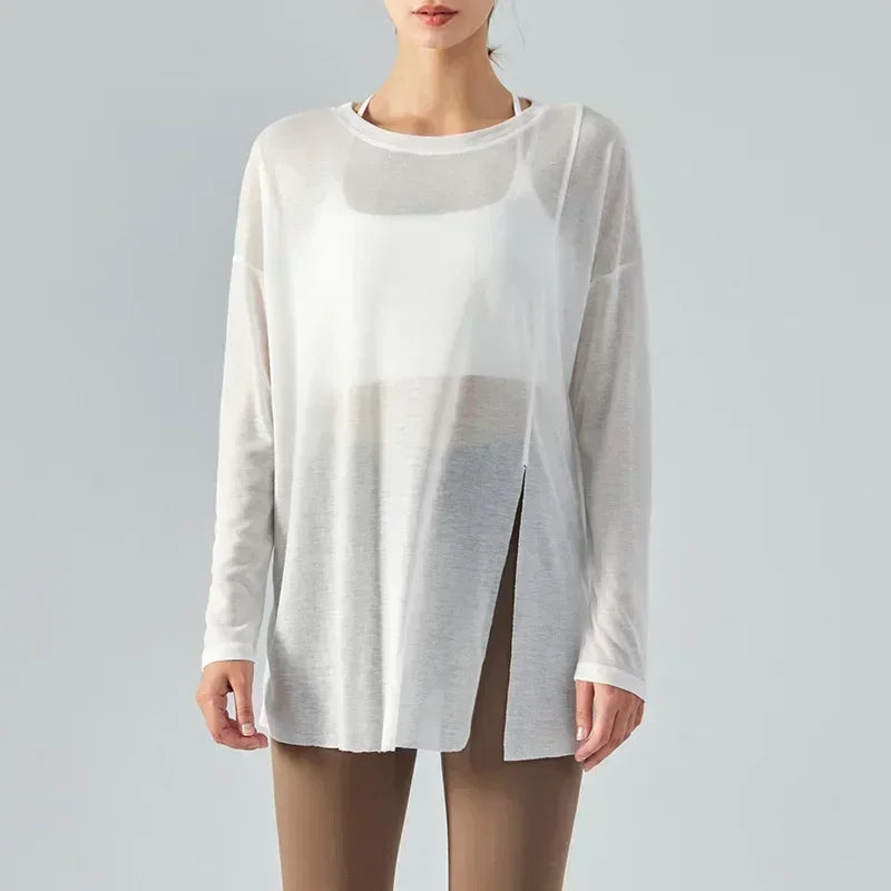 LU Women's New One-sided Split Long-sleeved Yoga Blouses Women's Summer Light Sports Tops Loose Running Fitness Clothes