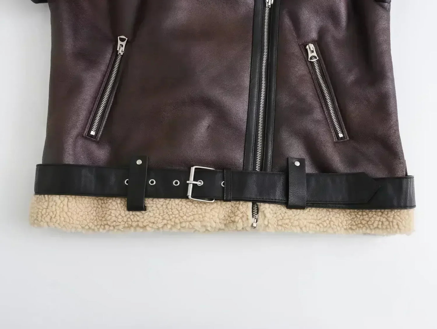 Women New Fashion With belt Warm two-sided Fur Faux Leather Jacket Coat Vintage Long Sleeve Zipper Female Outerwear Tops