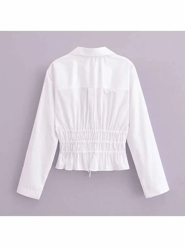 Women's new fashion trench fabric slim short pleated V-neck shirt retro long sleeved Lace up women's shirt chic top