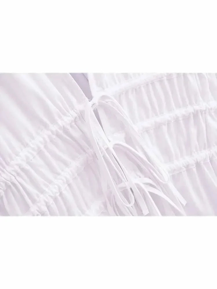 Women's new fashion trench fabric slim short pleated V-neck shirt retro long sleeved Lace up women's shirt chic top