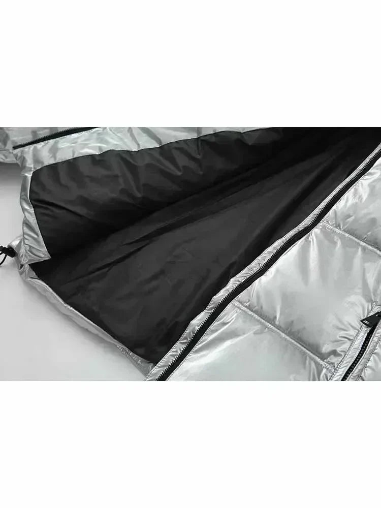 Women 2023 Winter Fashion Metal series Cropped Solid Warm Cotton Coat Vintage Long Sleeve Zipper Female Outerwear Chic Tops 