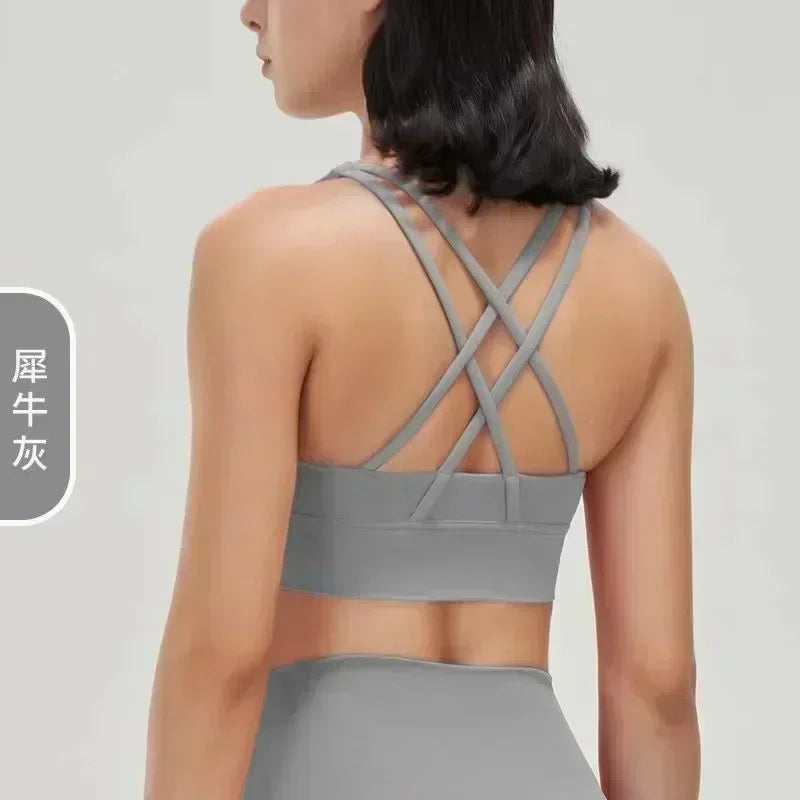 Yoga New Double-sided Sanding Cross Back Sports Bra Shockproof Gathered Yoga Bra Fitness.