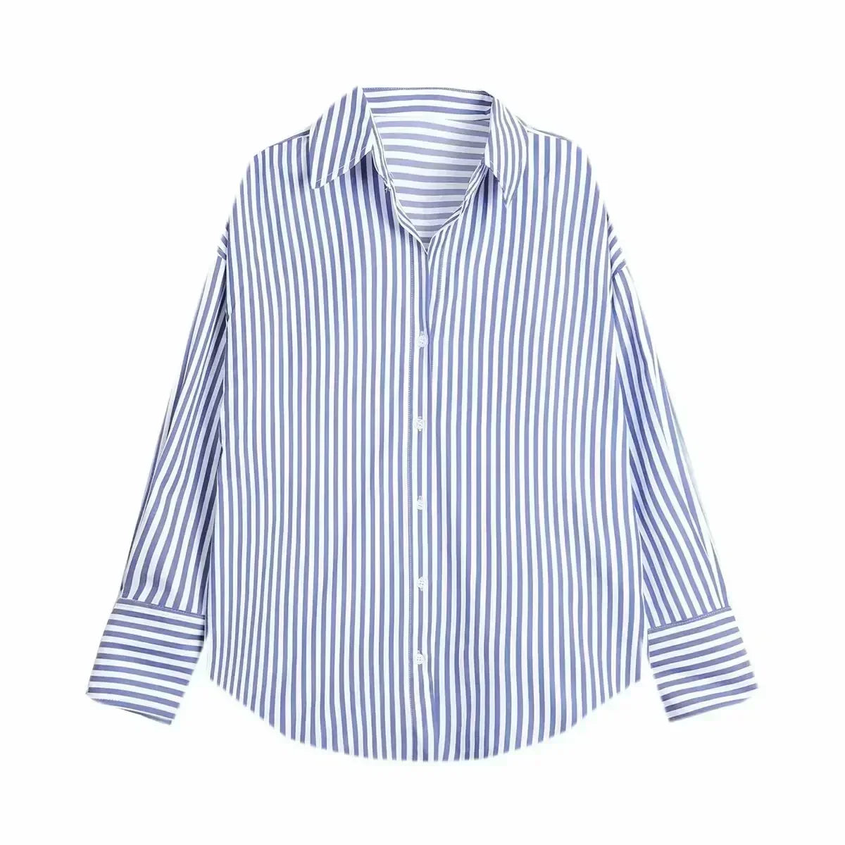 Women's 2024 new fashion loose basic style casual single breasted striped shirt retro long sleeved women's shirt chic top 