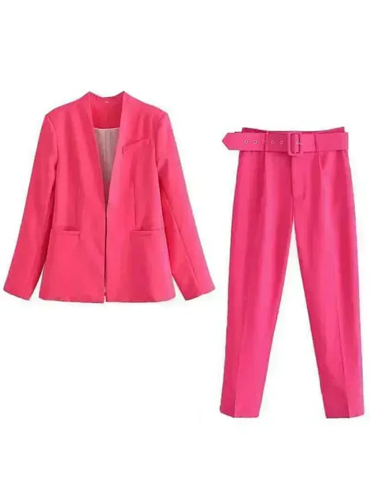 set Women 2 pieces 2023 New Fashion Collarless explosion Blazer Coat Vintage Belt suit pants Female Outerwear Chic 
