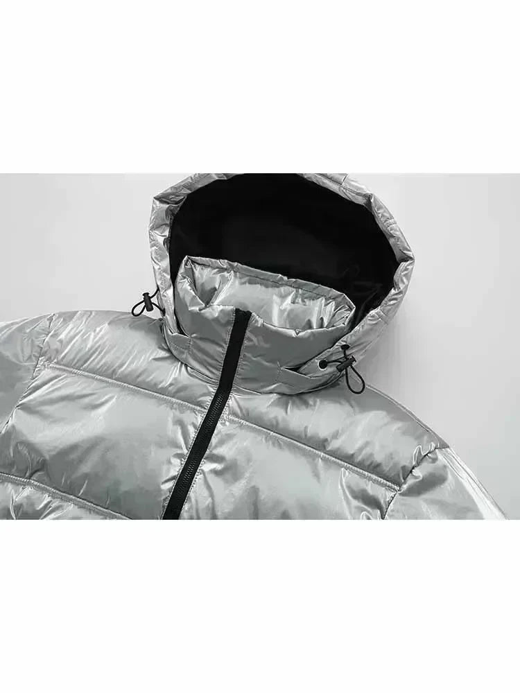 Women 2023 Winter Fashion Metal series Cropped Solid Warm Cotton Coat Vintage Long Sleeve Zipper Female Outerwear Chic Tops 