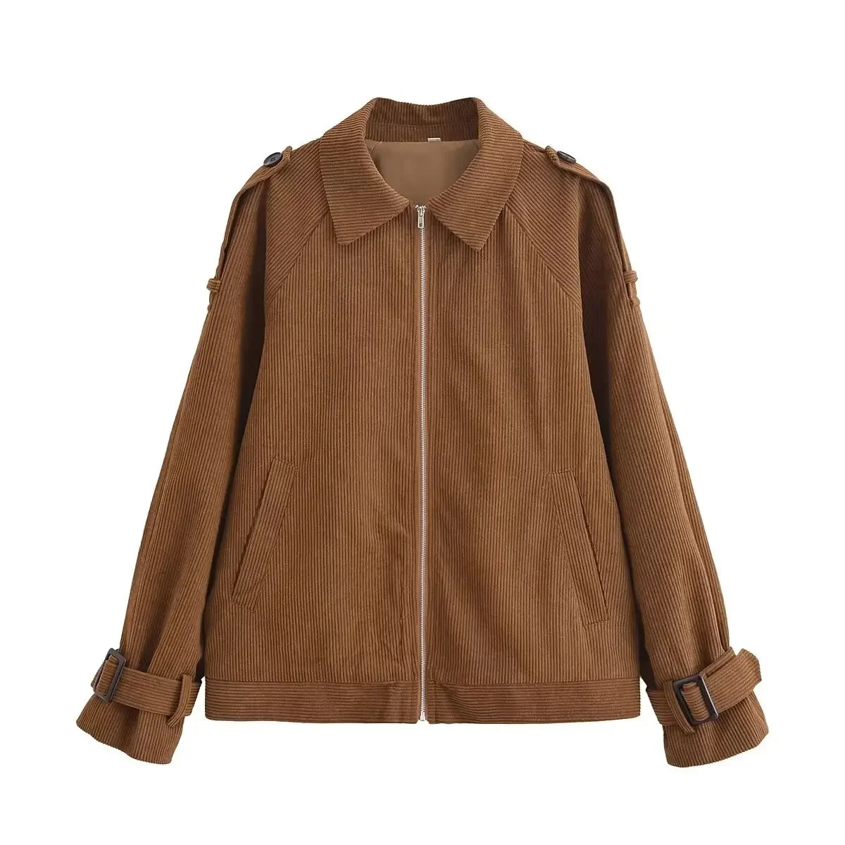 Women's new fashion loose side pocket casual versatile corduroy jacket Coat retro long sleeved zipper women's Coat chic top