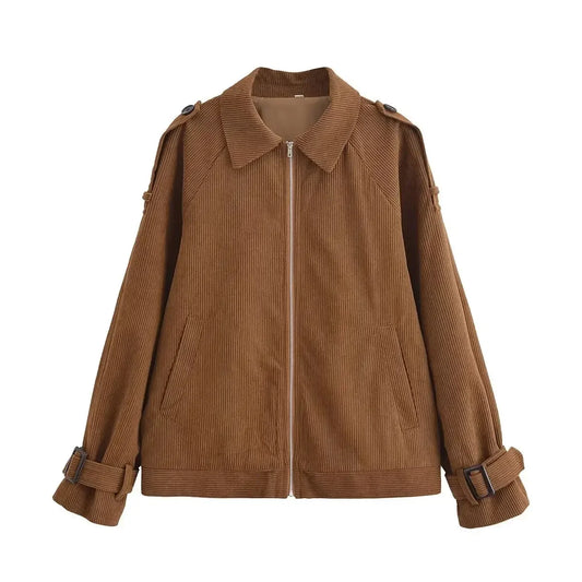Women's new fashion loose side pocket casual versatile corduroy jacket Coat retro long sleeved zipper women's Coat chic top