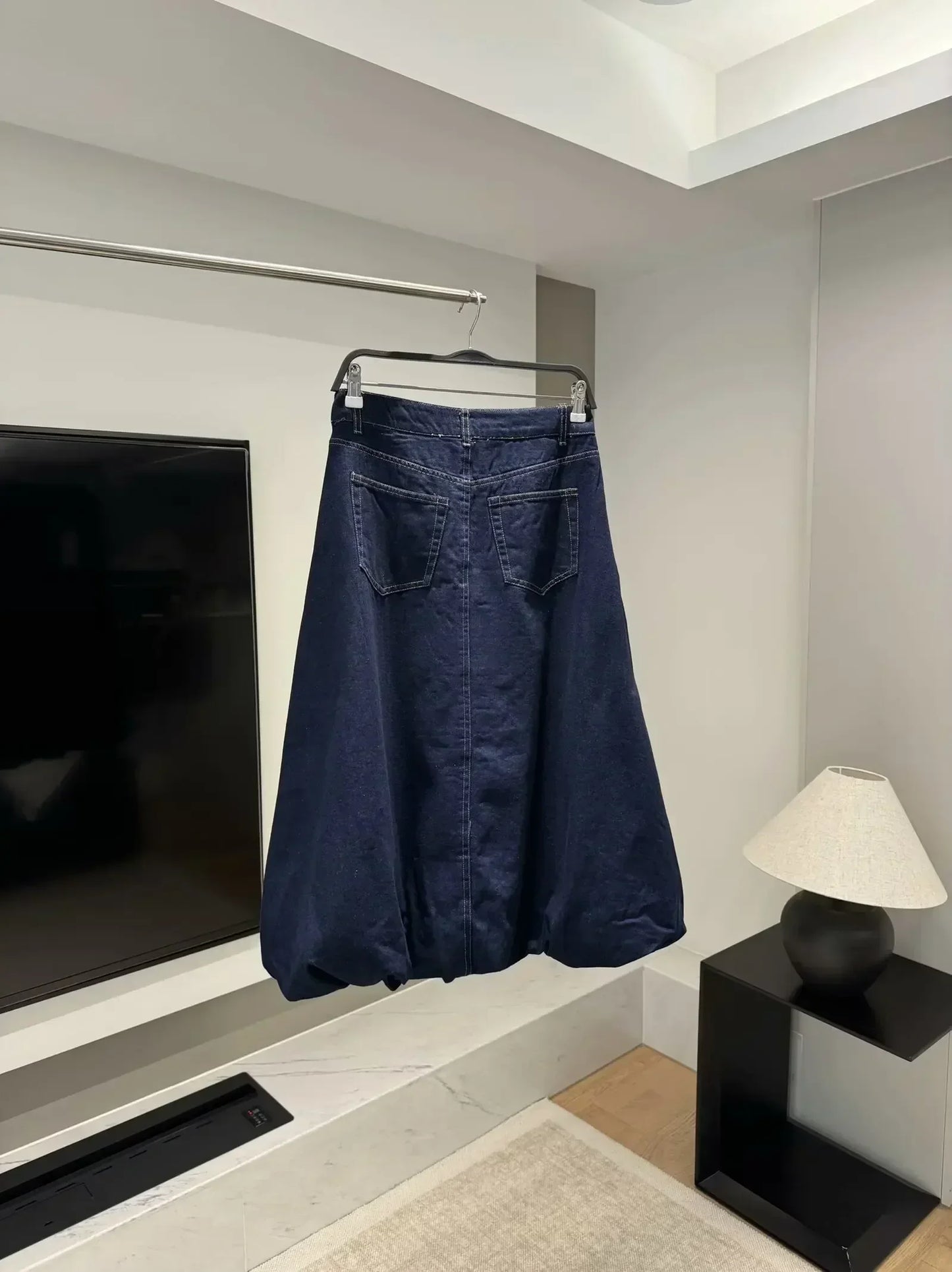 Women's new fashion balloon version casual side pocket versatile denim Midi skirt retro high waisted zipper women's skirt Mujer 