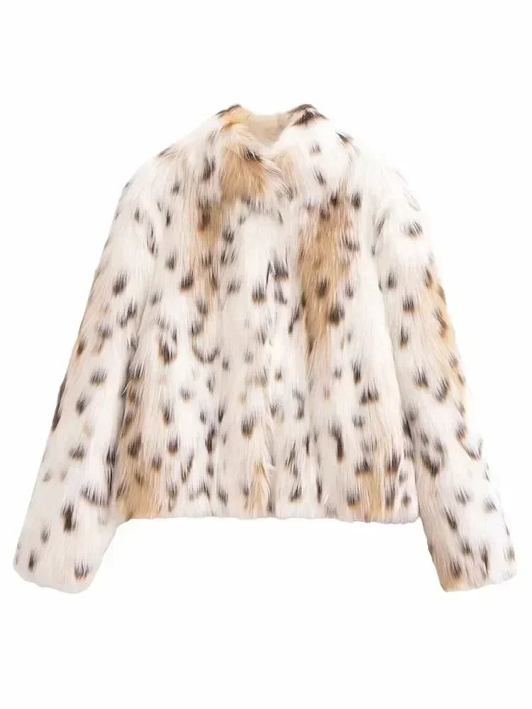 Women's new fashion artificial fur effect short warm print striped fleece coat retro long sleeved pocket women's coat chic top 