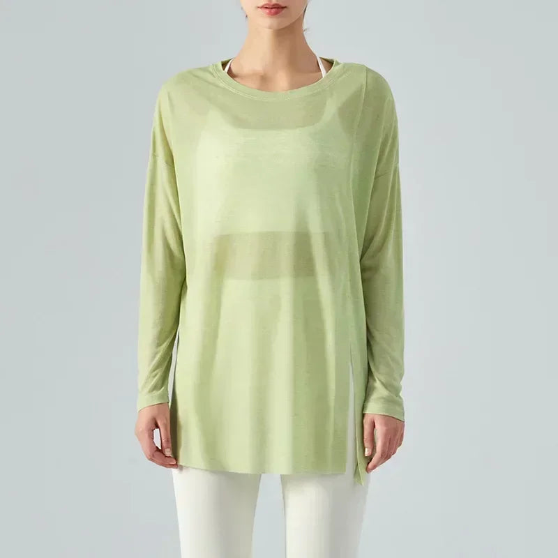 LU Women's New One-sided Split Long-sleeved Yoga Blouses Women's Summer Light Sports Tops Loose Running Fitness Clothes