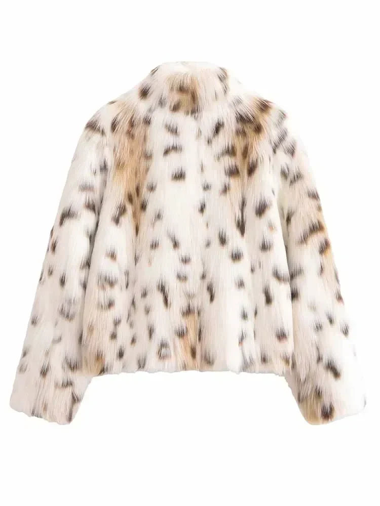 Women's new fashion artificial fur effect short warm print striped fleece coat retro long sleeved pocket women's coat chic top 