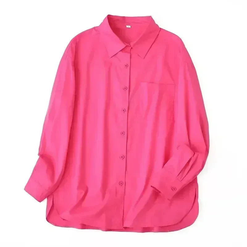 Women's 2024 New Fashion Casual silhouette Loose solid color casual shirt Retro long sleeved button up women's shirt 
