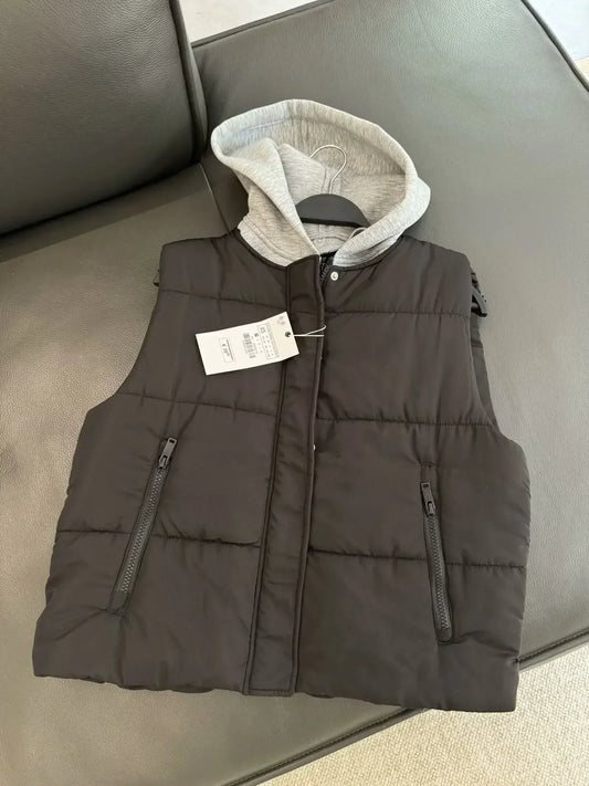 Women's new fashion zipper pocket decoration warm splicing hooded cotton vest retro sleeveless button up women's vest chic top