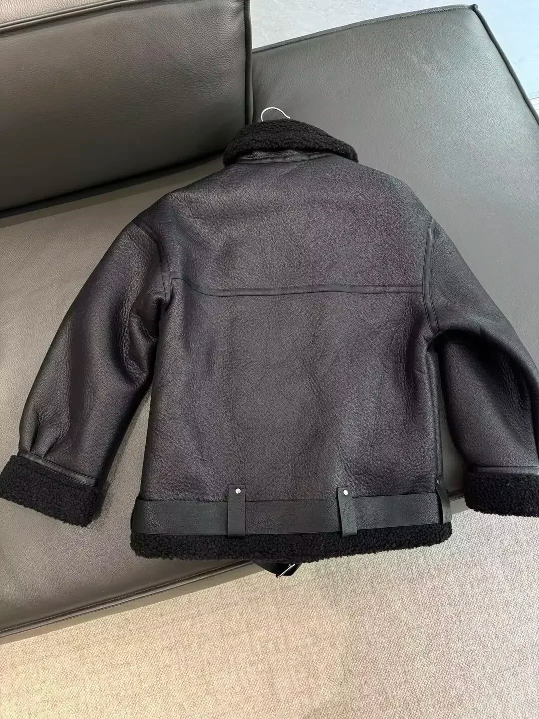 Women's New Fashion Double Zipper Pocket Design Loose Fur Artificial Leather Jacket Coat Retro Long Sleeve Women's Coat Chic Top