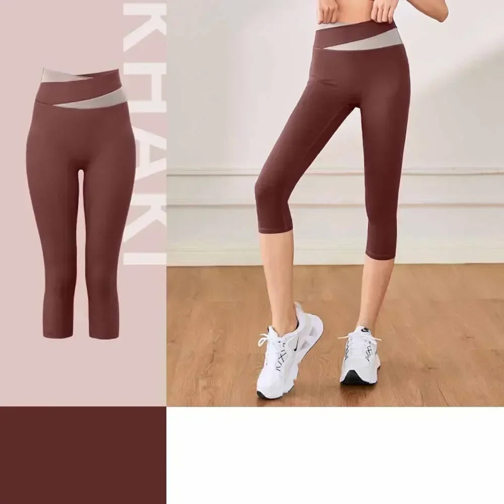 Women's High Elastic Nude Seven-point Yoga Pants Peach Color Matching High Waist Hip Lifting Exercise Pants 