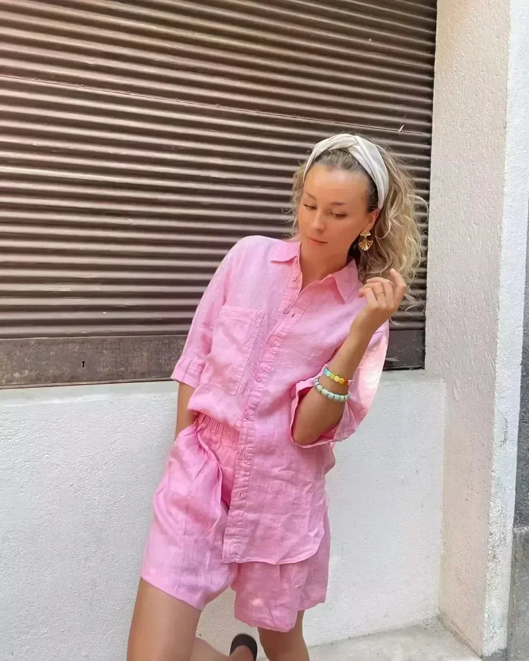 Women's new fashion large pocket decoration loose linen blend casual shirt retro short sleeved Button up women's shirt