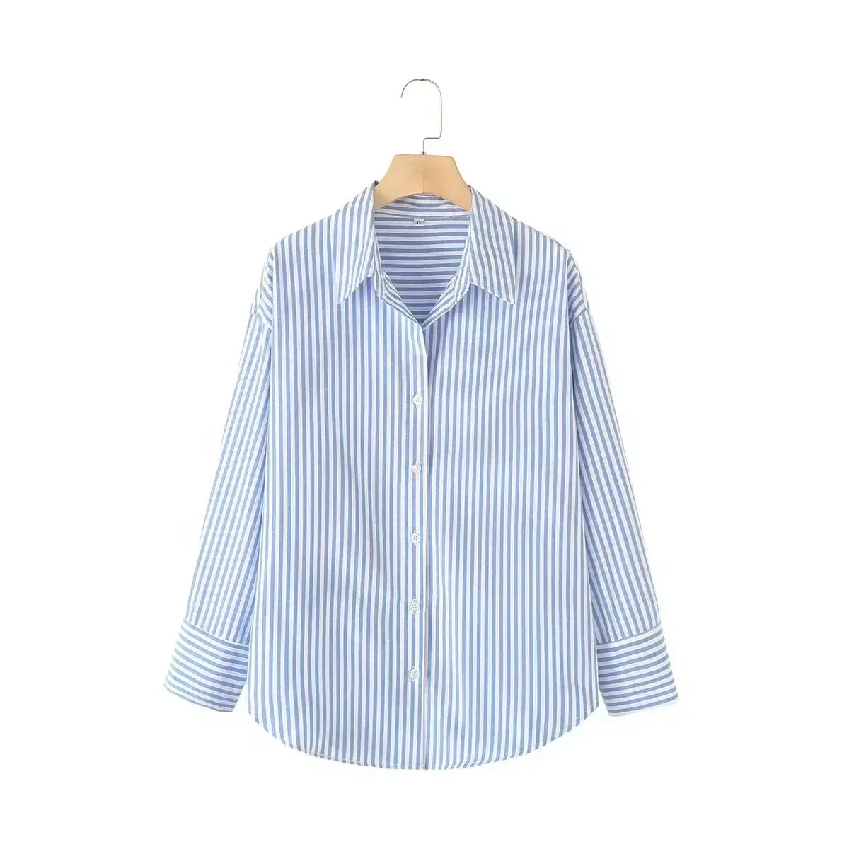 Women's new fashion loose basic style striped shirt casual single breasted lapel shirt retro long sleeved women's shirt chic top