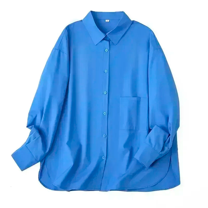 Women's 2024 New Fashion Casual silhouette Loose solid color casual shirt Retro long sleeved button up women's shirt 