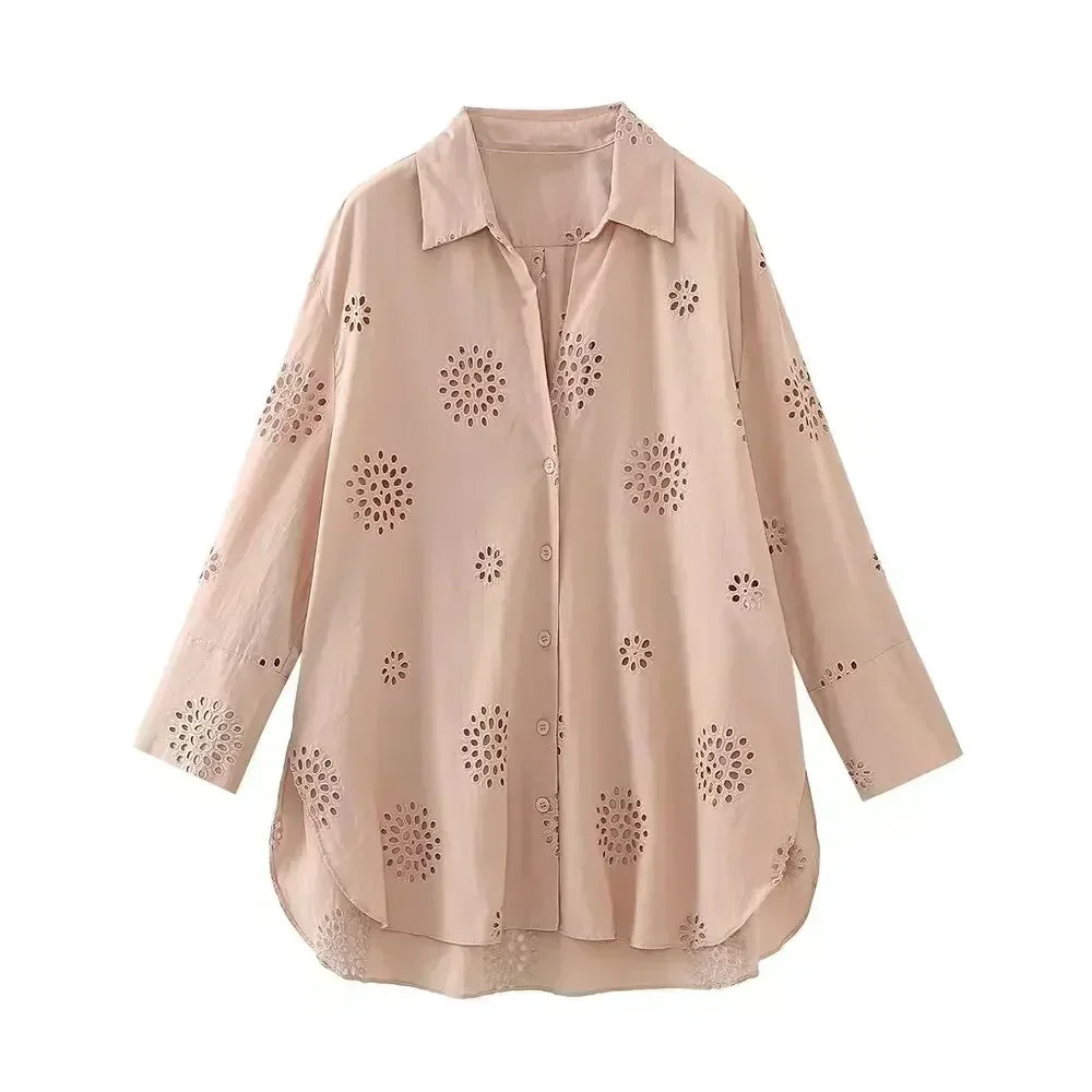 Women's New Fashion Hollow Embroidery Decoration Loose Asymmetric Shirt Retro Long Sleeve Button Women's Shirt Unique Top