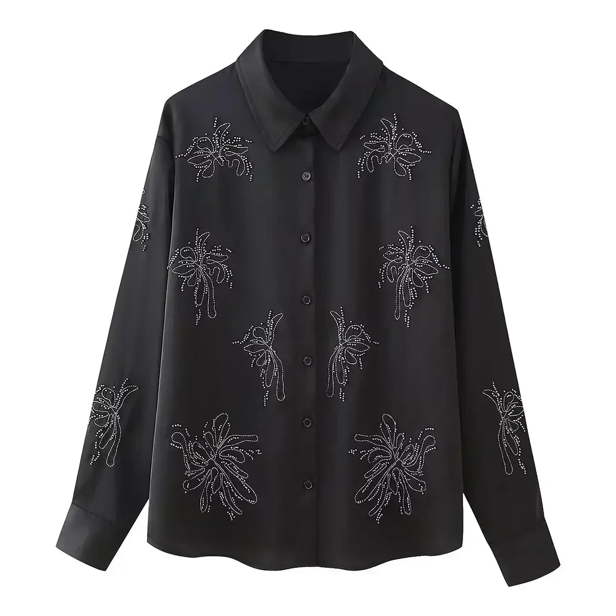 Women's new fashion beaded decoration casual lapel embroidered women's shirt retro long sleeved Button up women's shirt 