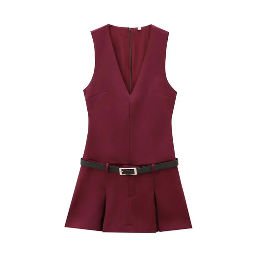 Women's 2024 new fashion belt decoration slim V Neck wide pleated mini dress retro sleeveless back zipper women's dress Mujer 
