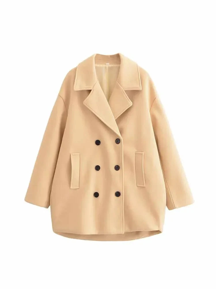 Women's winter fashion loose double breasted warm Lapel woolen coat retro long sleeved side pocket women's coat chic top