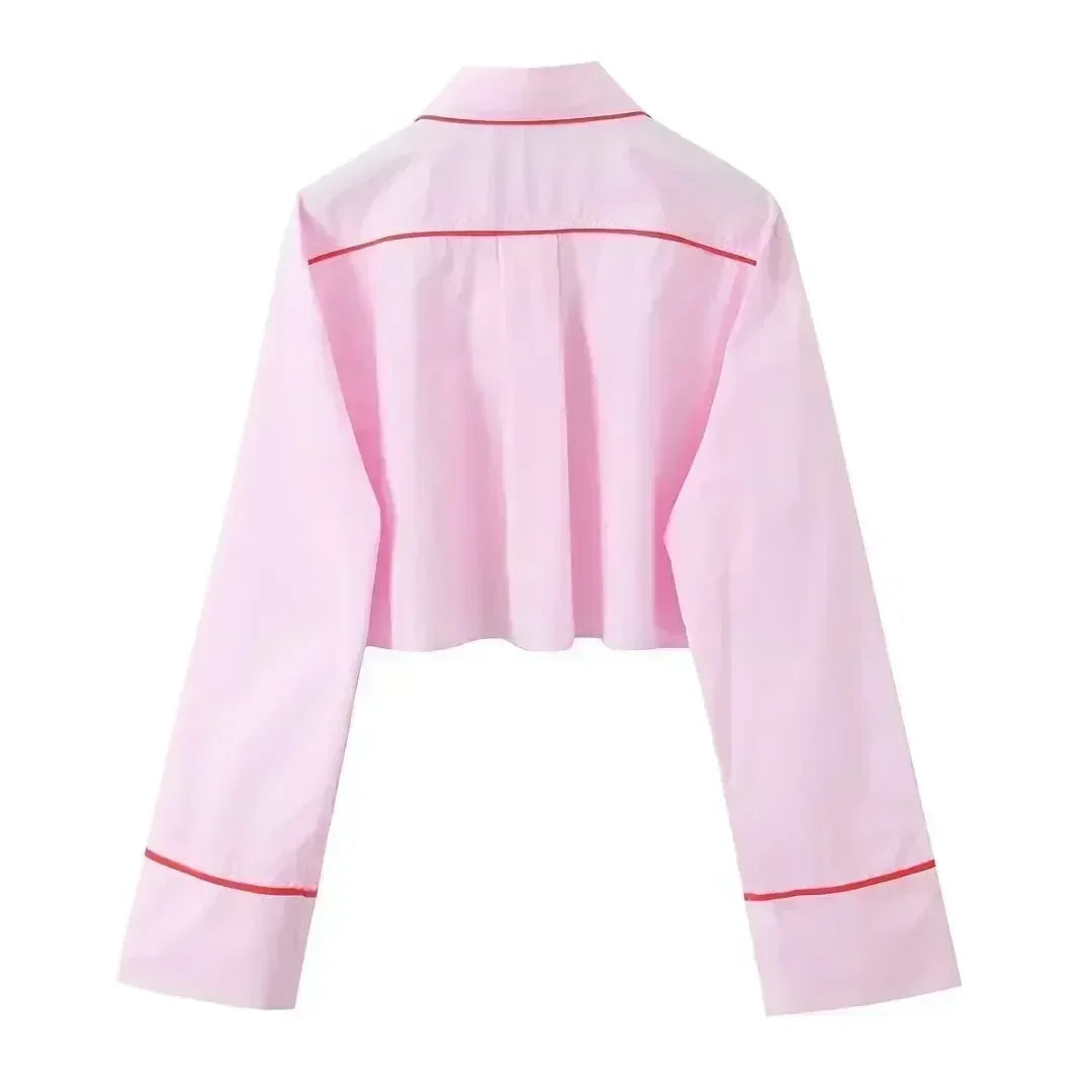 Women's New Fashion with Pocket Splicing Line Decoration Short Casual Shirt Retro Long sleeved Button Women's Shirt Unique Top