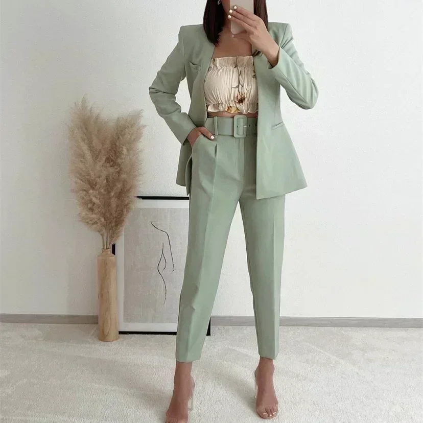 set Women 2 pieces 2023 New Fashion Collarless explosion Blazer Coat Vintage Belt suit pants Female Outerwear Chic 