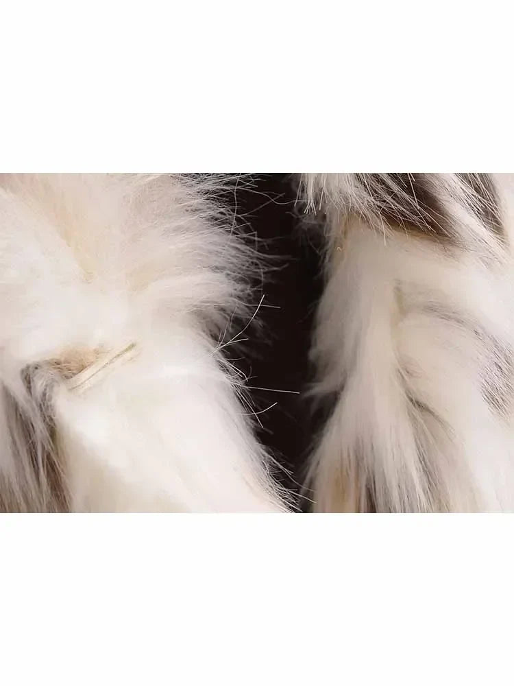 Women's new fashion artificial fur effect short warm print striped fleece coat retro long sleeved pocket women's coat chic top 