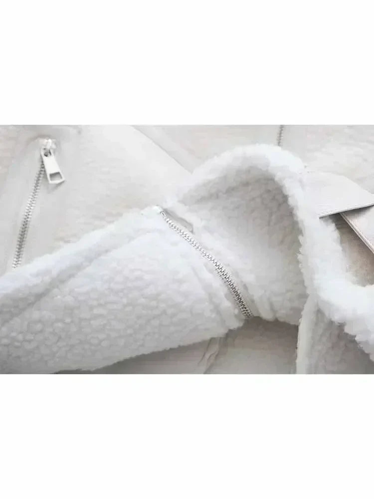 Women New Fashion With belt Cropped Fur Faux Leather Locomotive style Jacket Coat Vintage Long Sleeve Female Outerwear Chic Tops 