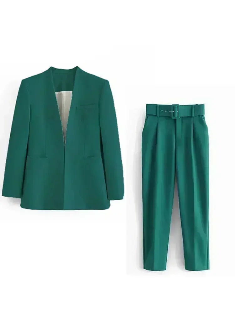 set Women 2 pieces 2023 New Fashion Collarless explosion Blazer Coat Vintage Belt suit pants Female Outerwear Chic 