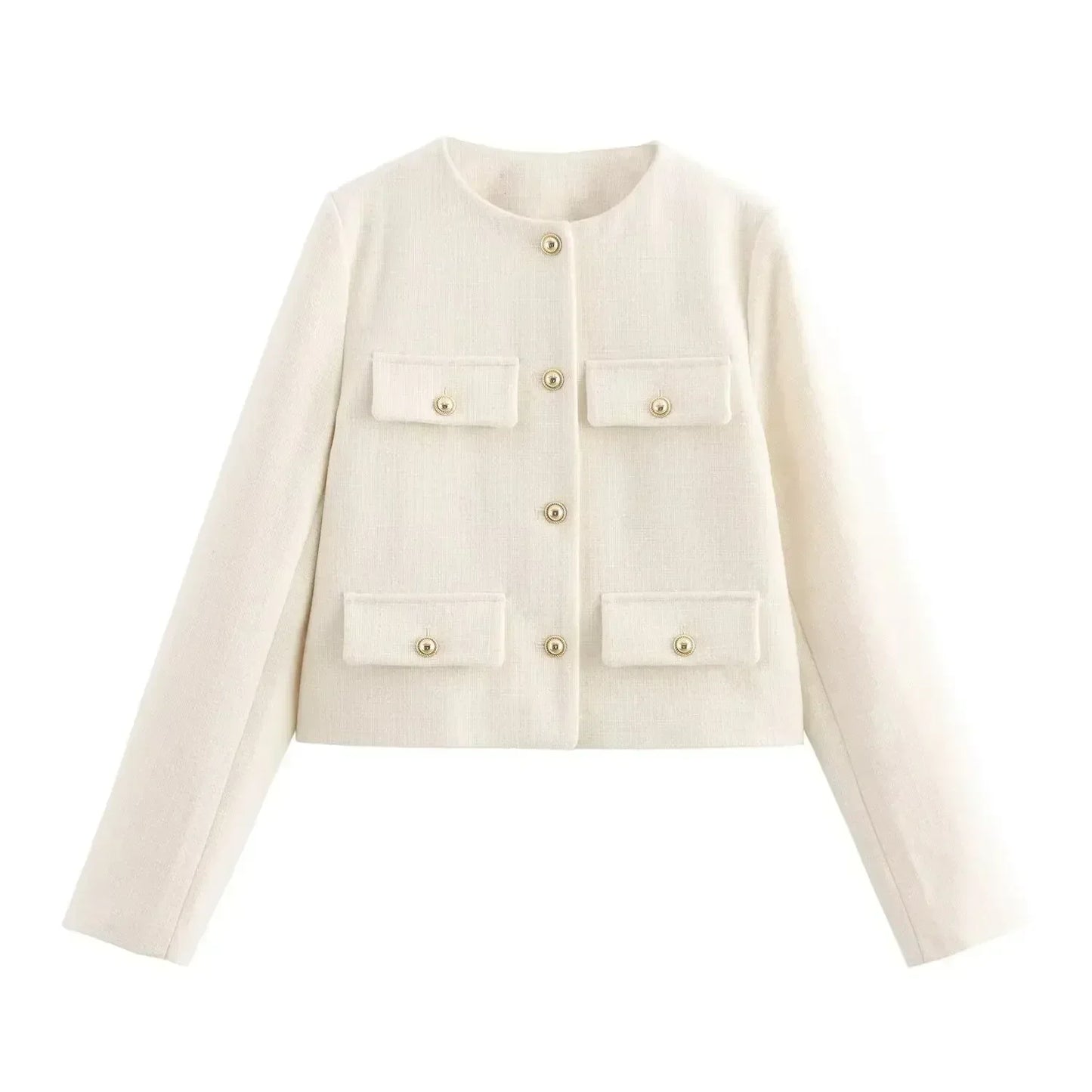 Women's new Fashion gold button flip decoration casual short O-Neck suit jacket coat retro long sleeved women's Coat chic top