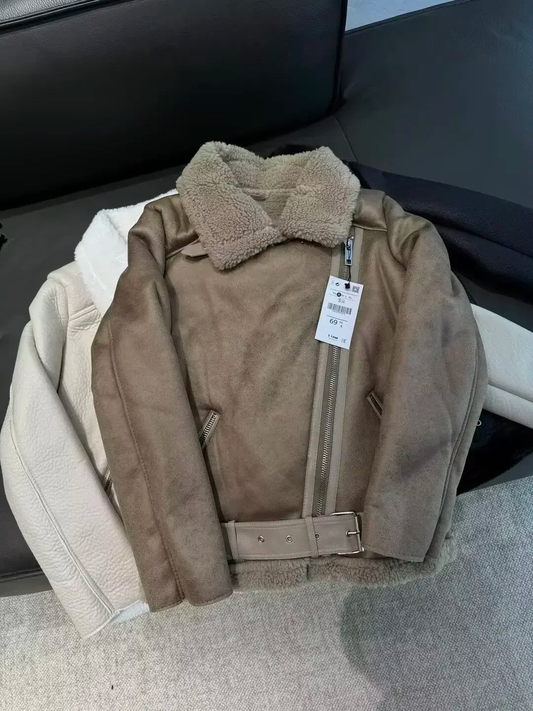 Women's New Fashion With Belt Loose Casual Fur Artificial Leather Jacket Coat Retro Long Sleeve Pocket Women's Coat Chic Top