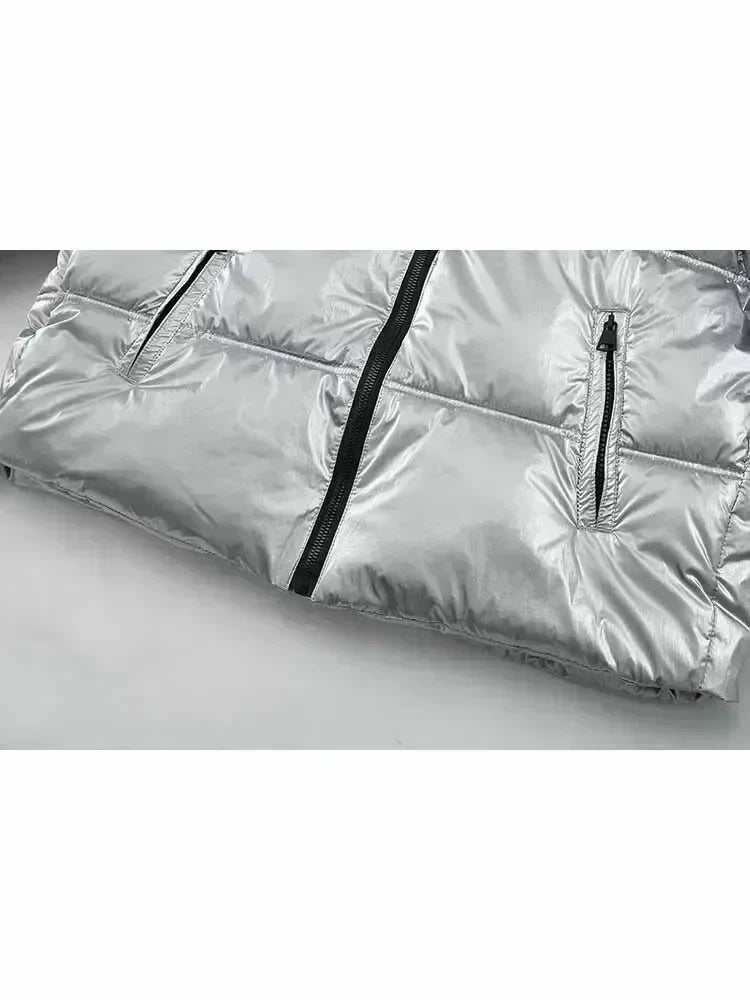 Women 2023 Winter Fashion Metal series Cropped Solid Warm Cotton Coat Vintage Long Sleeve Zipper Female Outerwear Chic Tops 